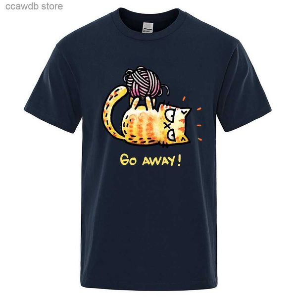 Мужские футболки Angry Cat Go Away с мультяшным принтом Мужские футболки Негабаритные футболки с круглым вырезом Дышащая одежда Летняя хлопковая футболка Свободные топы T240105