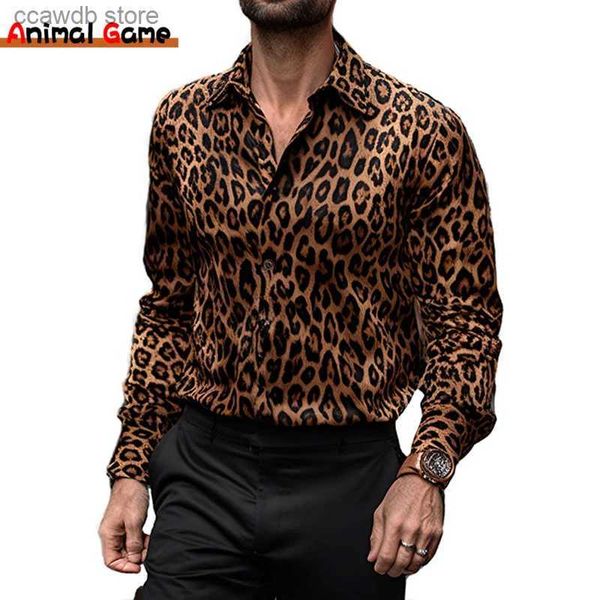 Camisas casuais masculinas novos homens manga longa moda leopardo design impressão vestido camisa primavera outono festa homme camisa lapela streetwear t240105