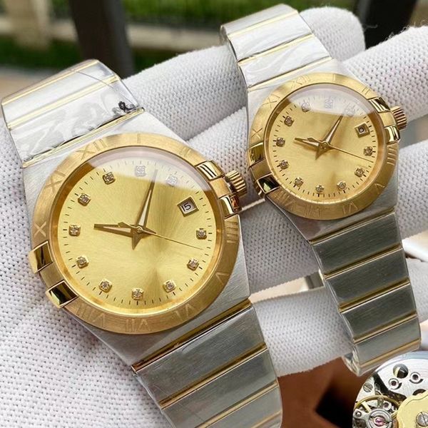 Дешевые O M G Золотые мужские и бриллиантовые автоматические механические 38MM28MM Женские дизайнерские модные часы для пар