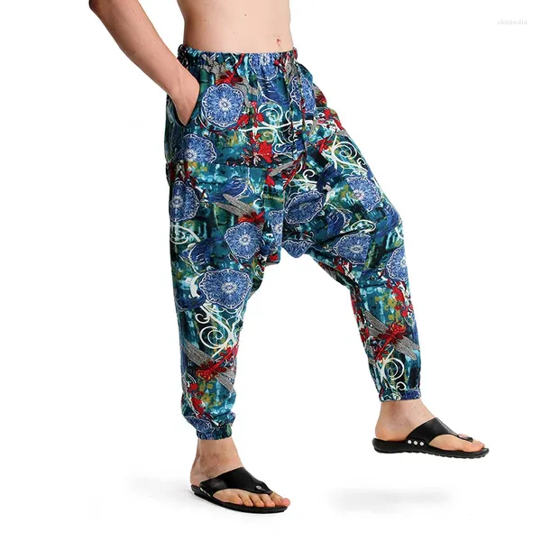 Calça masculina homens harém verão plus size estilo étnico impressão de linho de algodão casual gota groch calchers