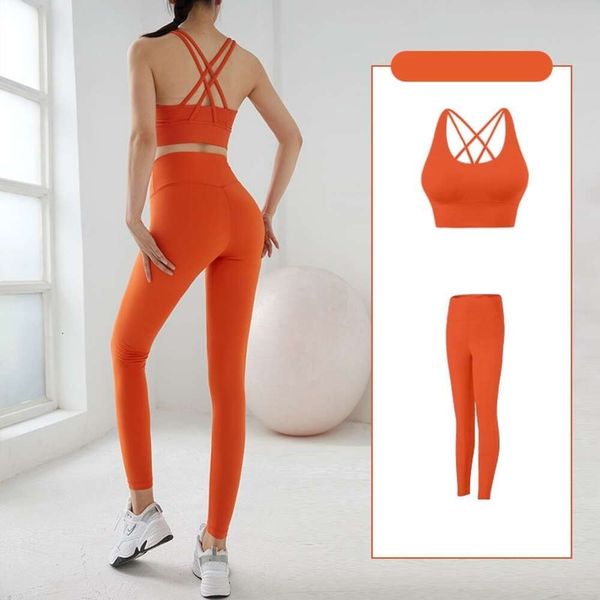 Yoga roupa cor sólida ginásio fitness yoga conjunto macio cruz de volta sutiã esportivo + leggings duas peças terno feminino treino abrangente jogging