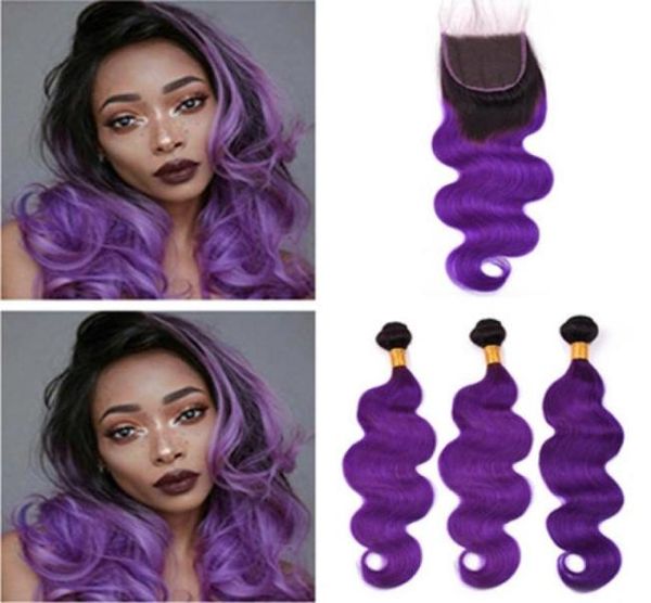 Fasci Ombre con chiusura Onda corporea brasiliana 1B Ombre viola tesse capelli umani 3 pacchi con chiusura in pizzo Ombre capelli viola Ex78761000