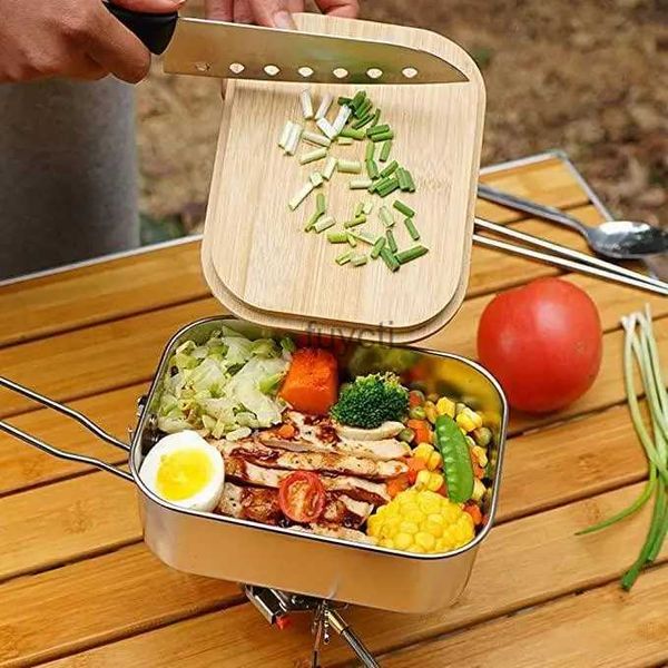 Bento Boxes Conjuntos de louça portátil com tampa de bambu Bento Container Caixas de aço inoxidável Piquenique ao ar livre Camping Lunch Box Conjuntos de talheres YQ240105