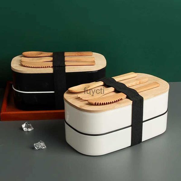 Bento Boxen Tarwestro ovaal dubbellaags houten deksel lunchbox draagbaar servies isolatie bento box lunchbox lunchbox voor kinderen eten Nieuw YQ240105