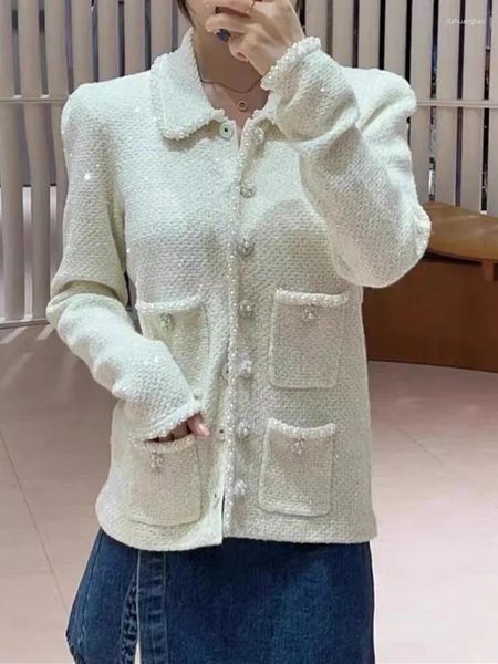 Cardigan da donna lavorato a maglia con paillettes autunnali Cardigan con perle da donna Colletto rovesciato Maglione elegante monopetto