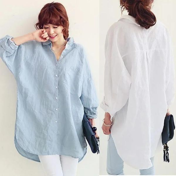 Camicie Estate calda Corea Moda Plus Size Camicie protettive solari Donne incinte Camicie larghe in cotone e lino Camicia a maniche lunghe Camicia premaman