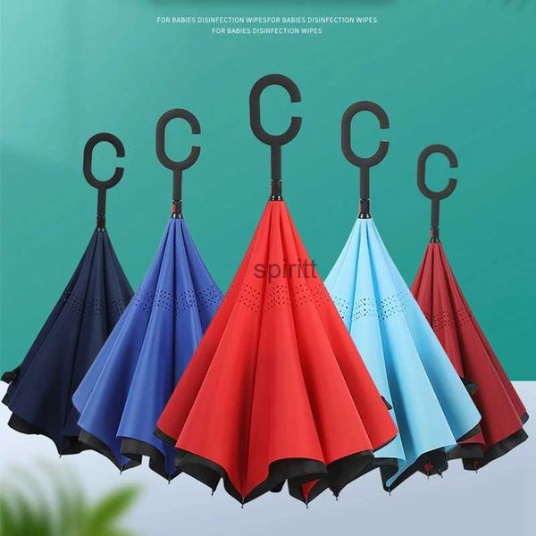 Guarda-chuvas Criativo Long Shank Dupla Camada Invertida Guarda-chuva Windproof Reverse C-Hook Masculino Golf Umbrella Atacado Personalizável YQ240105