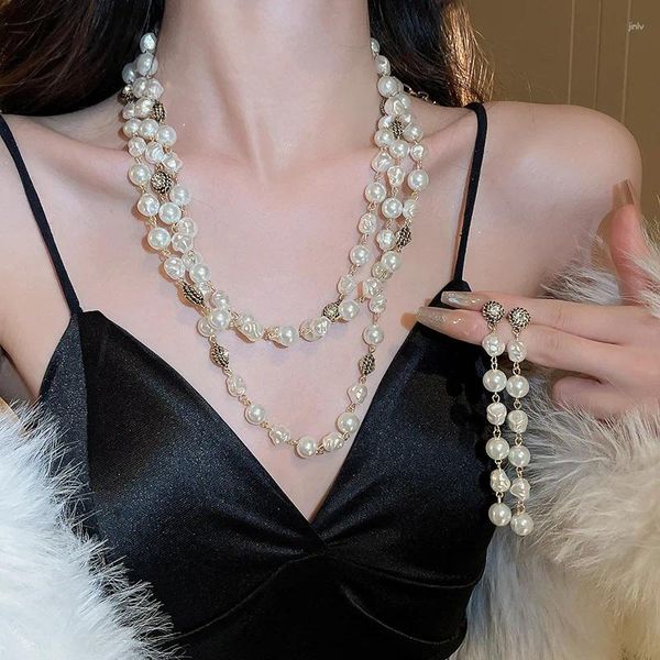 Choker Minar 2024 Herbst Winter Unregelmäßige Barocke Perle Perlen Halsketten Für Frauen Glänzenden Strass Multi Schichten Lange Pullover Kette