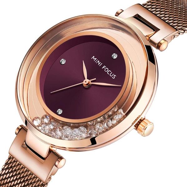 Relógios de pulso Minifocus feminino quartzo relógio de pulso liga caso impermeável pulseira de aço inoxidável fecho rosa ouro roxo senhoras moda