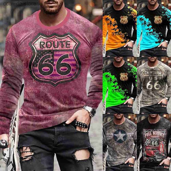 T-shirt da uomo T-shirt da uomo Stampa vintage Route 66 T-shirt grafica 3D Harajuku Manica lunga Autunno Casual O Colletto Abiti larghi oversize T240105