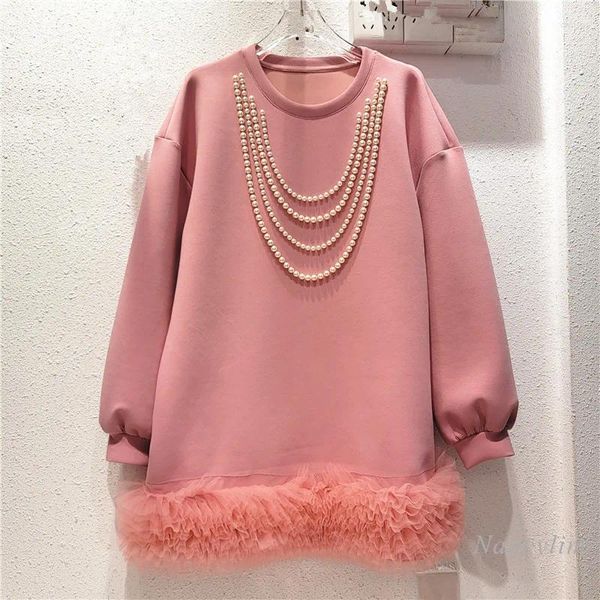 Damen Hoodies Übergroße Sweatshiry Frauen Herbst Tuch 2024 Trendy Perlen Kette Puff Mesh Rand Lose Mittellange Sweatshirt Dame Outwear