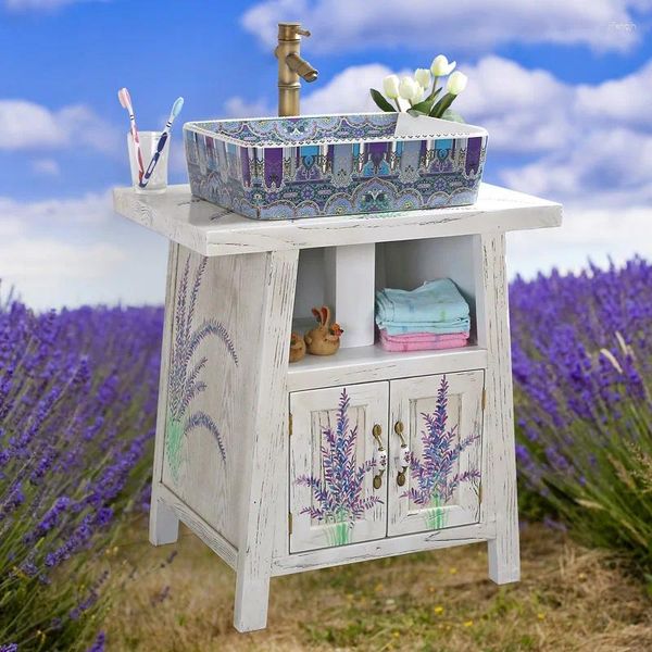 Rubinetti per lavabo da bagno Combinazione di mobili in legno massello da pavimento pastorale, bianco lavanda dipinto a mano come il vecchio lavabo
