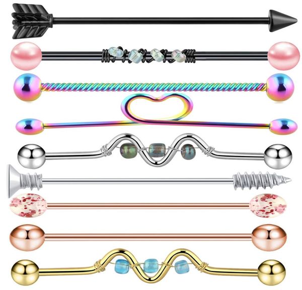 9PC 14G Industrial Barbell Piercing Ear lage Helix Stud Straight Long Bar Brinco Jóias Corporais Women3867059