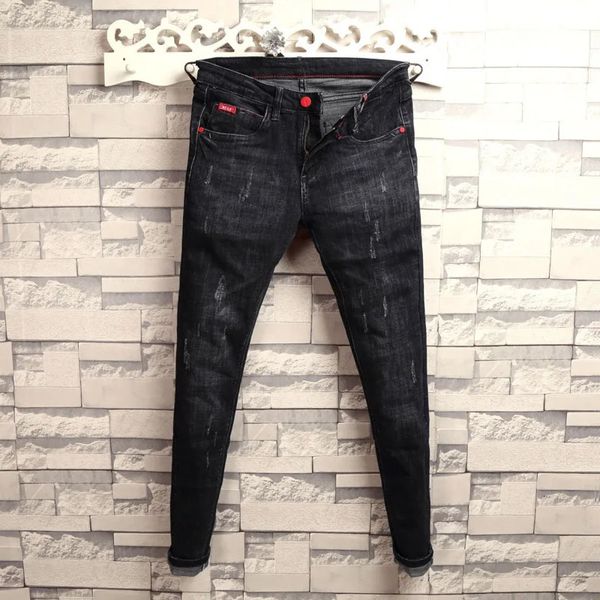 Autumn Winter Fashion Student Casual Coreano Men's Solid Color Troushers Jeans Elastic Skinny Len Len Pants 240104