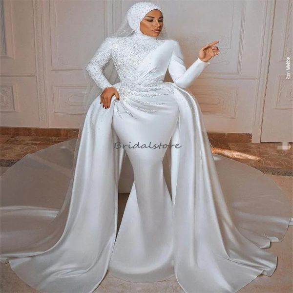 Kleider Sparkly Muslim Brautkleid mit Overksirt Zug Glitter Elfenbein Meerjungfrau Arabisch Dubai Brautkleider Langarm Frauen Braut Kleid Ve