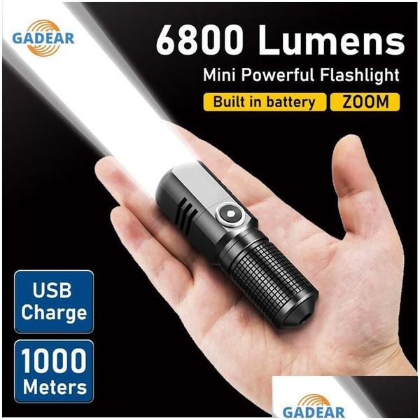 Фонарики 6800 люмен Mini Powerf Led фонарик X50 Встроенный аккумулятор 3 режима USB перезаряжаемая вспышка Edc Torch Lamp Dhgfc