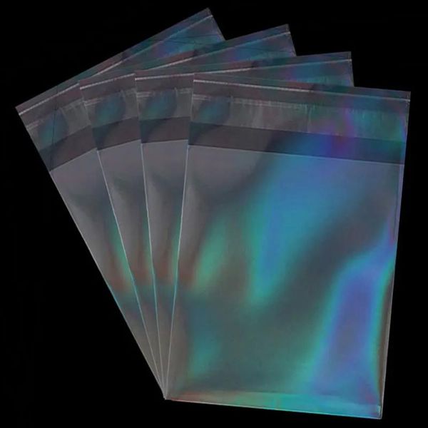 Boxen 50 Stück Holographische Laser Selbstklebende Tasche Aurora Farbe Transparente Verpackung für handgemachte Schmuck Abzeichen Geschenkpaket Aufbewahrungstasche