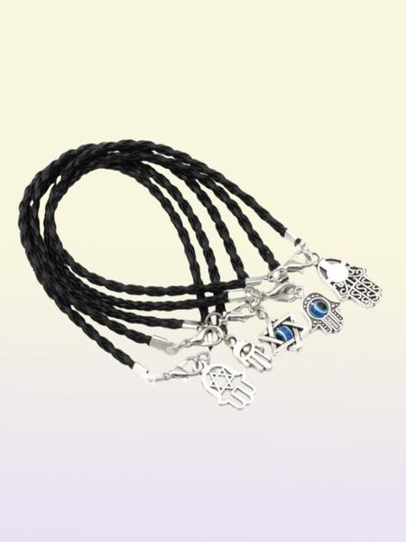 100 unidades misturadas Kabbalah Hamsa mão amuletos da sorte pulseiras de couro preto corda trançada 17 21cm9345900