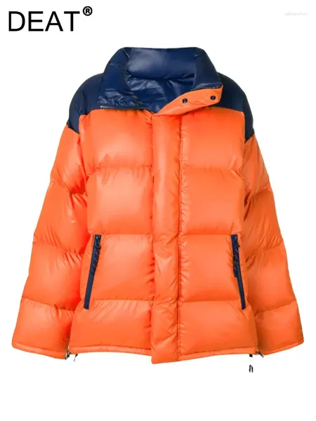 Casacos de trincheira femininos moda laranja contraste cor para baixo casaco lapela solto zíper manga longa grosso parka jaquetas inverno 2024 7ab2650