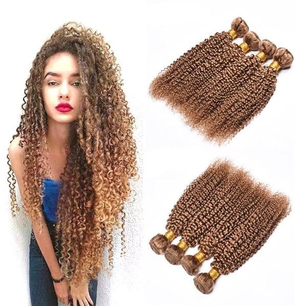 Kinky encaracolado cabelo humano tecer 4 pacotes 27 mel loira pura cor brasileira virgem encaracolado cabelo humano 4 pçs tramas extensão do cabelo 13855328