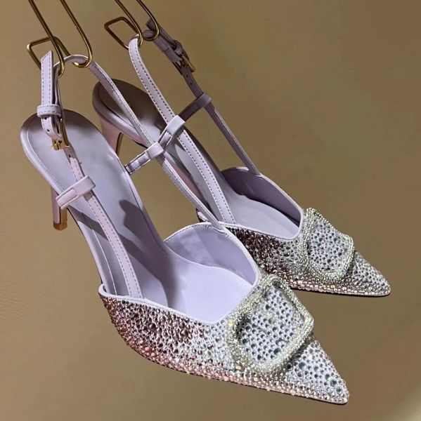 Rhinestone süslemeli şık arka içi boş ayak parmağı ucu 9cm stiletto topuklar zarif sandaletler tasarımcı kadın yüksek topuklu düğün ayakkabıları seksi elbise ayakkabıları ile