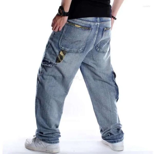 Plus Size Big Pocket Jeans da uomo Baggy Style Hip Hop Allentato Big Pocket Ragazzi Skateboard Rap Punk Distressed Pantaloni da cowboy blu Plus Size 46 1ebre