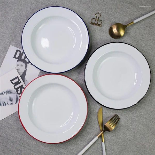 Тарелки Домашняя тарелка для завтрака в японском стиле, 20 см, эмалированный диск, красный, синий, черный, толстая посуда, блюдо