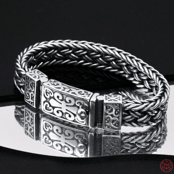 S925 Sterling Silver Charm Pulseira Eterna Videira Totem Wide Woven-Chain Pure Argentum Amulet Bangle Jóias para Homens 240104