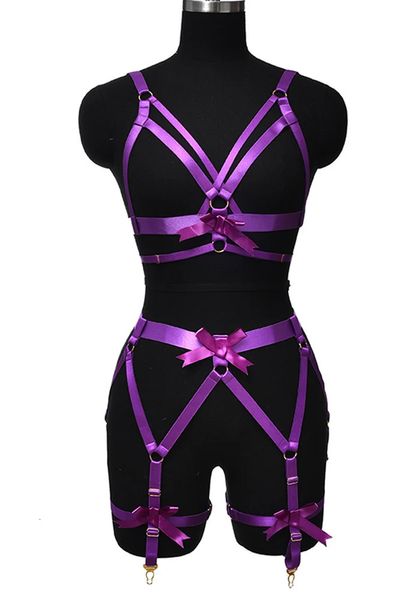 Imbracatura sexy Reggicalze con fiocco Cintura da donna Bondage Set di lingerie regolabile Pole Dance Rave Wear Cintura Hollow Petto aperto Gabbia 240105