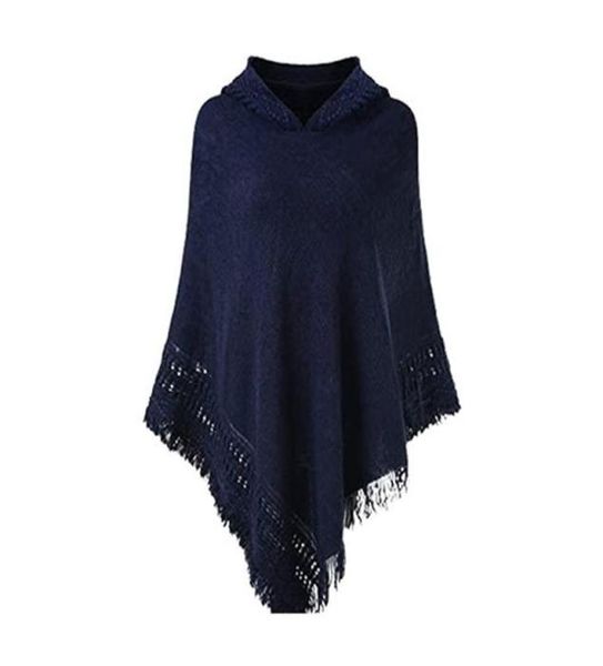 Scarves Women Winter Knitted Hooded Poncho Cape Solid Color Crochet Fringed Tassel Shawl Wrap Oversized Pullover Cloak Sweater1114970