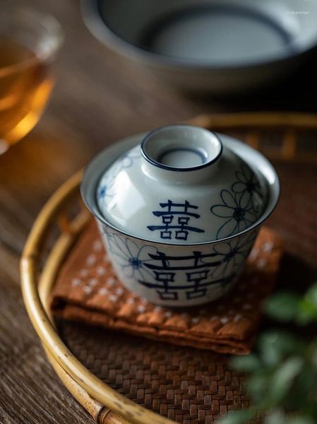 Conjuntos de chá pintados à mão dupla felicidade retro azul e branco porcelana capa tigela teacup chá chinês infusor conjunto de cerâmica
