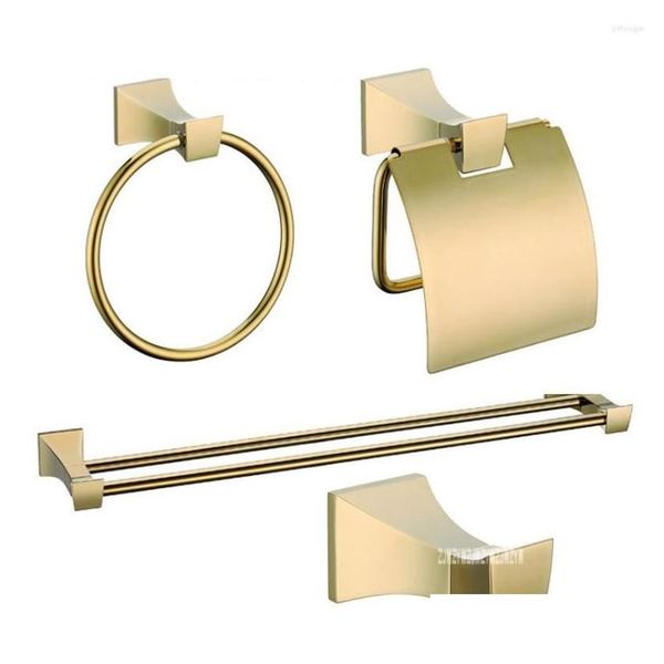 Conjunto acessório de banho luxo ouro parede banheiro 4 acessórios conjuntos de hardware ke2500a roupas gancho anel de toalha duplo pólo rack higiênico pap dh0pl