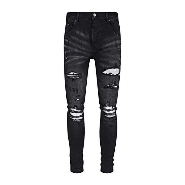 Jeans violets pantalons pour hommes de marque New High Street Fashion Brand Combinaison en cuir Patch argenté avec trous cassés Élastique Slim Fit Wash Black Jeans pour hommes