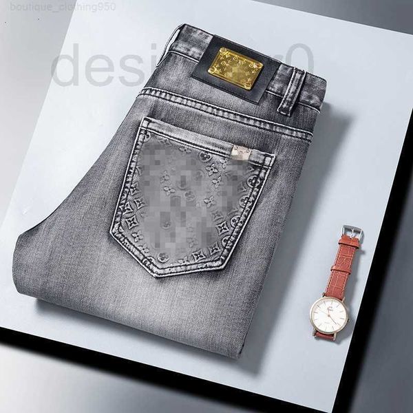 Jeans masculinos designer de luxo primavera novos jeans masculinos fino ajuste algodão primavera marca moda fumaça cinza calças 0dbj