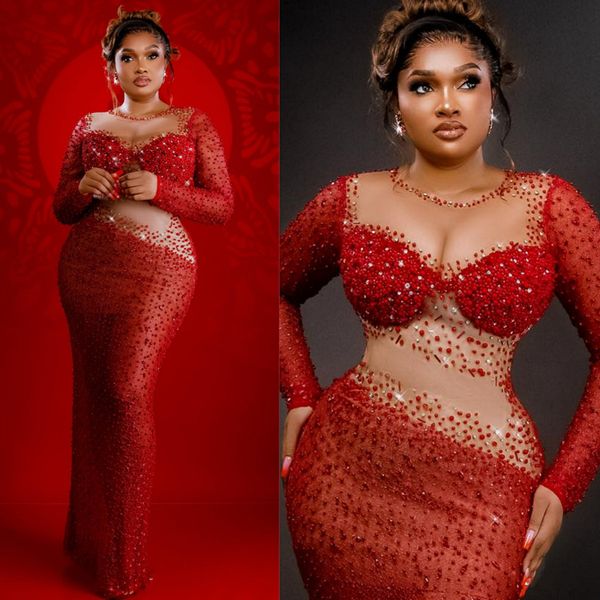 Africano Nigéria Plus Size Vestidos de Baile Vermelho Sheer Neck Mangas Compridas Sereia Lantejoulas Vestidos de Noite de Renda para Mulheres Negras Vestido de Festa de Aniversário Vestido de Noivado AM339