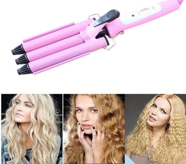 Onda de praia profissional curling ferro pinças rosa cone cabeça cerâmica triplo curling ferro onda grande três barril modelador de cabelo za20564894518