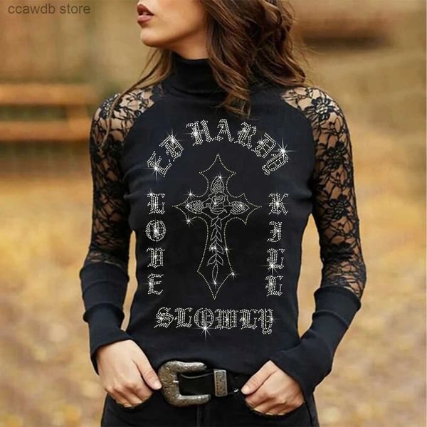 T-shirt da uomo Winter Cross Hot Drill Stampa T-shirt da donna Moda Solid Lace T-shirt da donna sexy Y2k Gothic Tee Manica lunga Abbigliamento da strada Top T240105