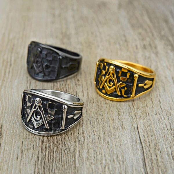 Anel maçônico masculino, símbolo maçônico, anel maçônico para homens e mulheres, ouro branco 14k, dois tons, joias de anéis de motociclista