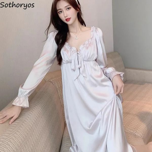 Sexy Midi Nightgowns Mulheres S-4XL Low-cut V-neck Ruffles Long Flare Manga Sólida Retro Estilo Francês Camisola Arco Elegante Drapeado 240104