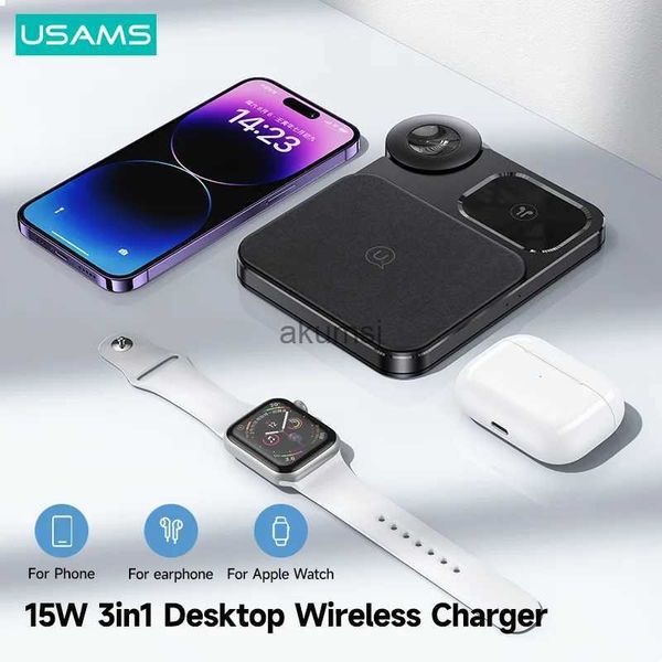 Drahtlose Ladegeräte USAMS 15 W 3-in-1-Desktop-Wireless-Schnellladegerät für 14 Pro Max Ladestation für Watch 8 7 3 Pro Charging YQ240105