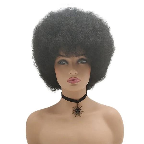 Parrucche Parrucche corte Parrucca sintetica nera afro crespa riccia per le donne Fibra ad alta temperatura per capelli naturali afroamericani