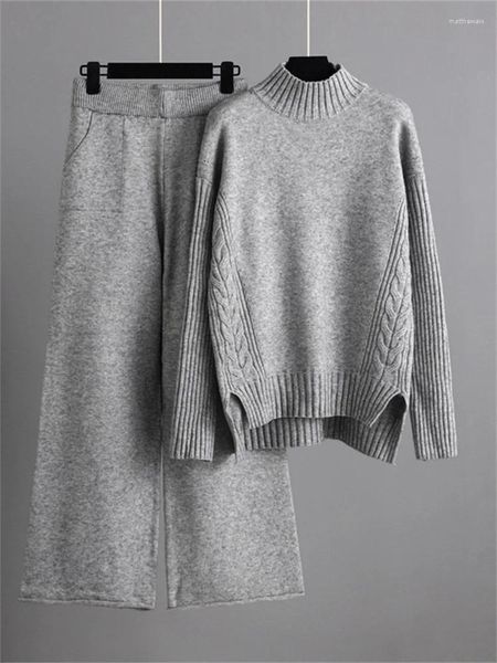 Женские брюки из двух предметов, женские вязаные свитера, осенне-зимний пуловер с высоким воротником и широкими штанинами, повседневный плотный теплый комплект с разрезом