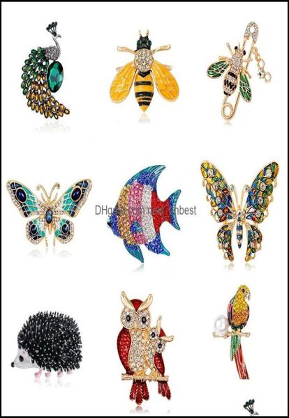 Pins broches jóias 2021 mti cor esmalte ainmal para mulheres pavão abelha borboleta coruja flamingo papagaio broche de cristal pin3611685