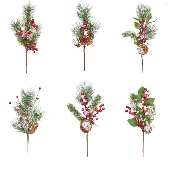 Flores decorativas 6 pçs artificial vermelho decoração de natal simulação pinho agulha berry pvc papel mobiliário casa com ramos de azevinho