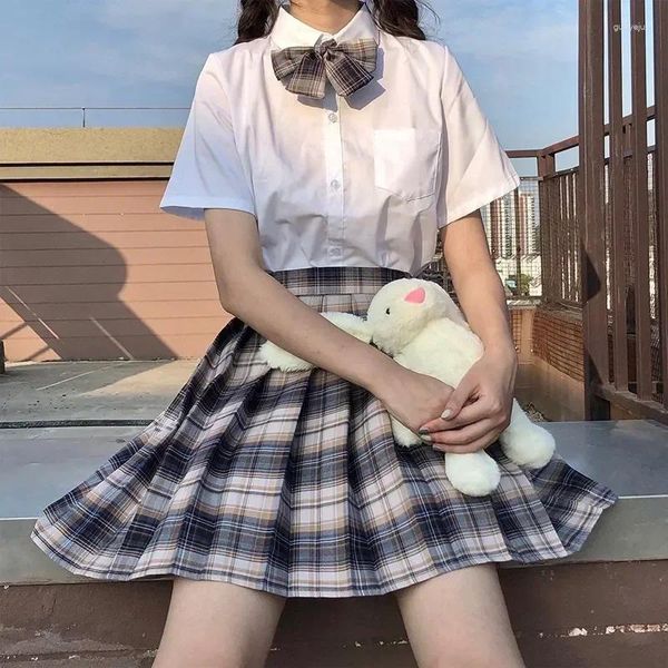Conjuntos de roupas xadrez menina marinheiro uniformes escola mini alta cintura japonesa sexy terno plissado a-line
