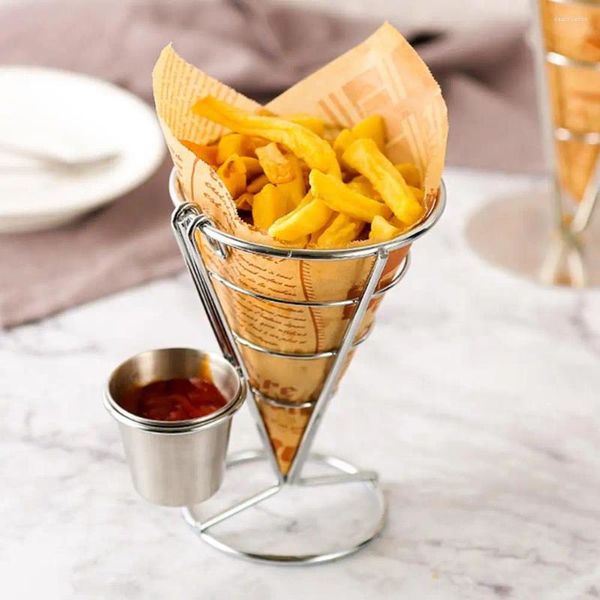 Portaoggetti da cucina Cestino per patatine fritte Portapatatine Supporto in metallo durevole con mestolo per salsa di cono di tazza per alimenti