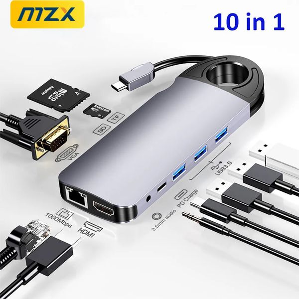 Док-станция-концентратор MZX 10in1 USB C, 1000 Мбит/с, Ethernet, RJ45, VGA, тип A, удлинитель, док-станция для ноутбука, ноутбука, ПК для Macbook Pro 240104