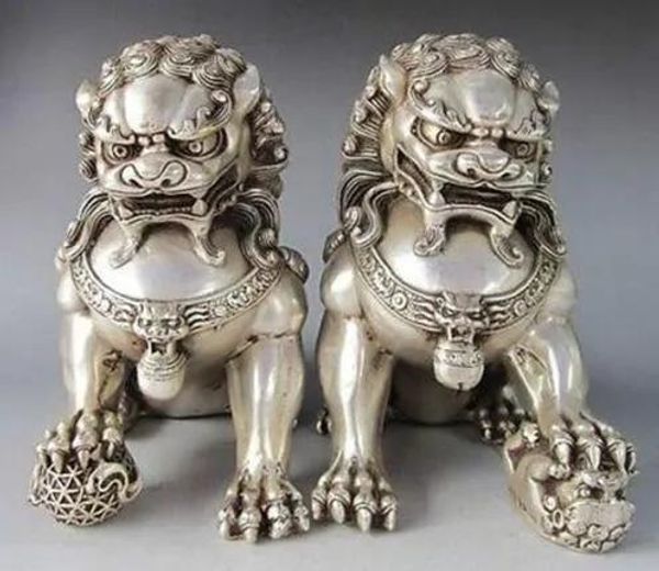 Artesanato 12*12 cm de prata chinês Lion Lion Foo Fu Dog estátua