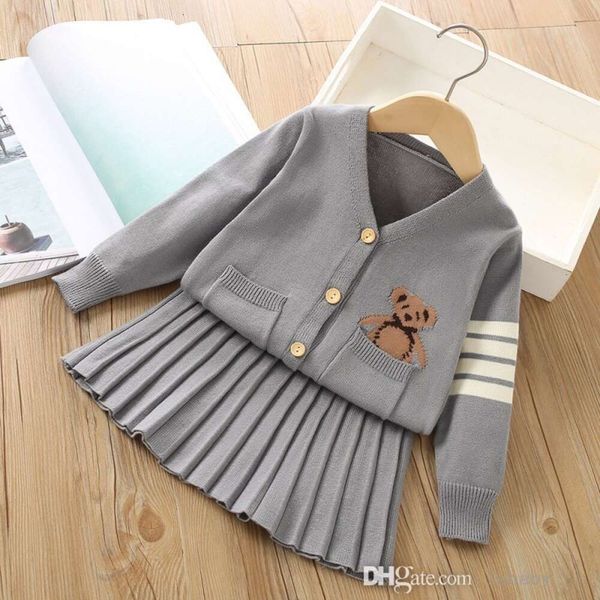 Neue Baby Mädchen Kleidung Zweiteiliges Kleid Set Academy Style Langarm Strickpullover Strickjacke und Faltenrock Sets Frühling Herbst Mode Kinderkleidung 2-teilige Outfits