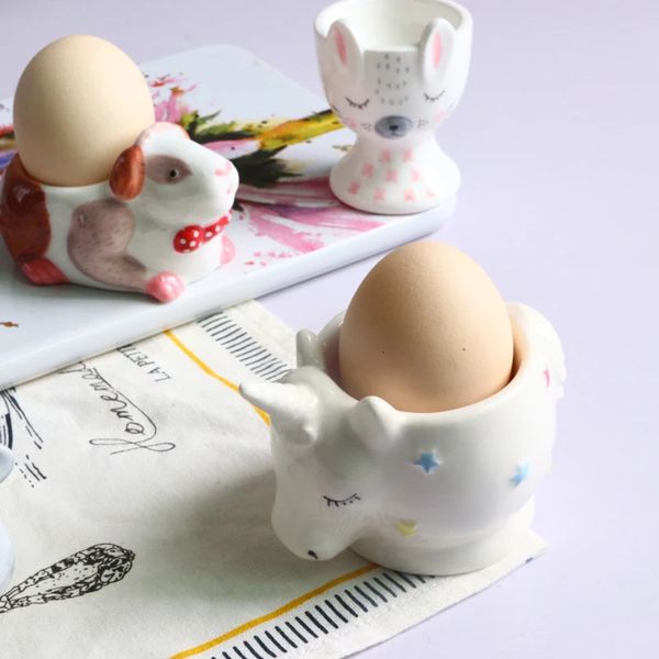 2 UNIDS Conejo de Pascua niño desayuno huevera Lindo animal en forma de bandeja de huevos utensilios de cocina de cerámica huevos sorpresa Como regalo de Pascua para niños 240105
